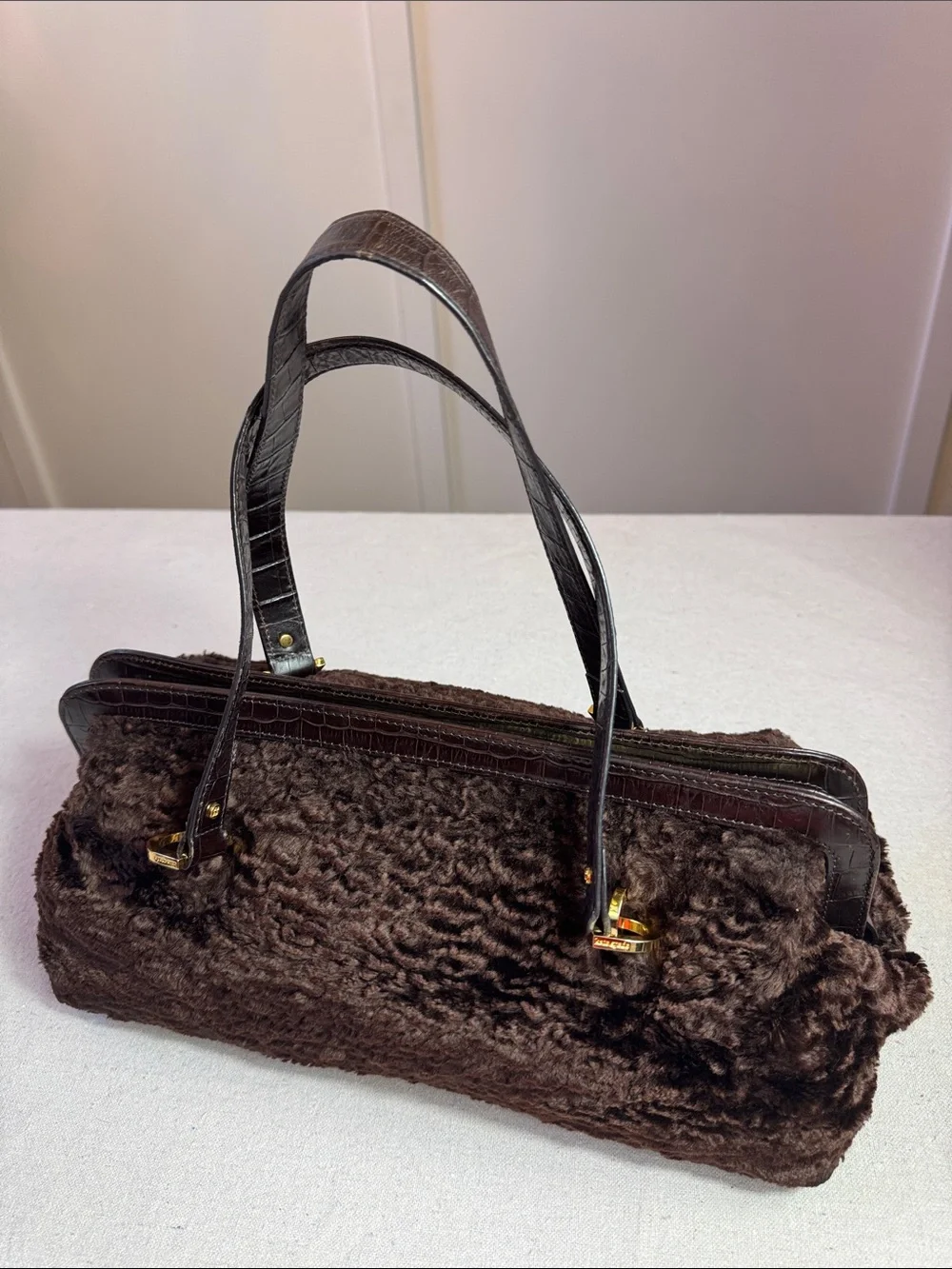 Kate Spade Plush Faux-Shearling Shoulder Bag in Dark Brown